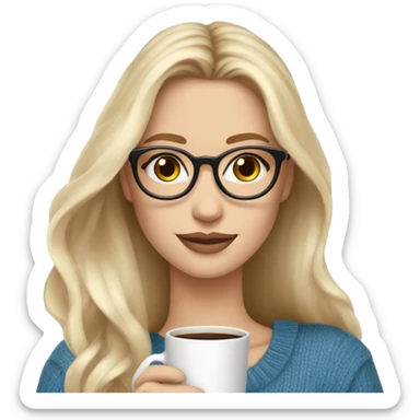 Blonde balayage long hair white women beige sweater blue eyes and small glasses holding coffee sticker