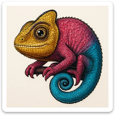 Make the rainbow chameleon more detailed with intricate scales and realistic texture, keeping vibrant colors and a simple background. Maintain the style and enhance the detail and texture realistically. sticker