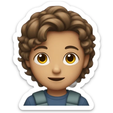 a boy with a middle part hair holds a cat sticker