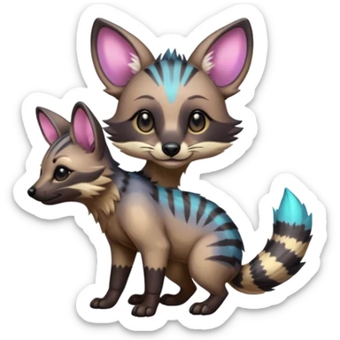 Cute adorable iridescent kawaii Shiny Colorful Dusky Dark Gloomy Glossy Aardwolf-Genet-Bobcat-fusion-animal-hybrid-creature, full body sticker