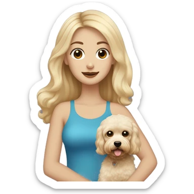 Blonde girl with long hair with blue eyes with the man who has short dark hair and a beard holding a beige maltipoo sticker