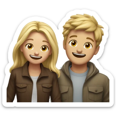blonde girl and brown hair boy laughing infront of mountain  sticker