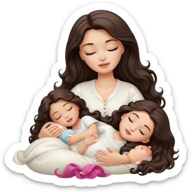 White Barbie girl dark brown long wavy hair in white clothes sleeping with white baby at cream bed sticker