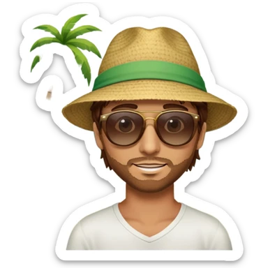 a guy with brown hair green/brown eyes at the beach with music and palm sticker
