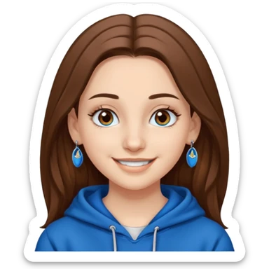 teen girl, white skin, long brown hair middle parted, brown eyes, blue hoodie eyelashes and earrings sticker