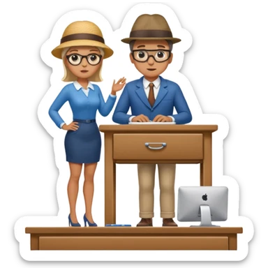 A micro sized man standing on top of a giant woman's desk looking up at her as she works sticker