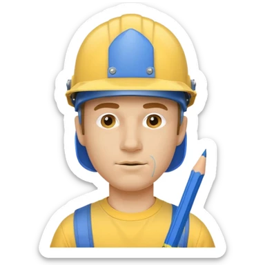 simplified emoji of a man with a blue helmet, a pencil in his nose, and a yellow shirt, no background sticker