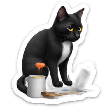 Black cat is painting a picture paints sticker