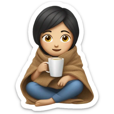 Asian girl wrapped in cozy blanket drinking coffee sticker