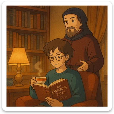 cozy scene of a person reading the Canterbury Tales and drinking tea, Chaucer in medieval attire standing behind, warm lighting sticker