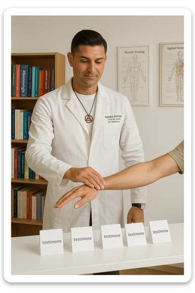 a middle-aged man in a calm, well-lit studio, wearing casual professional attire, performs a classic muscle test on a client’s outstretched arm. On a nearby table, there are small envelopes or vials labeled “testimone” representing samples or objects connected to a distant person. The atmosphere is focused and serene, with books and charts about kinesiological techniques in the background. sticker