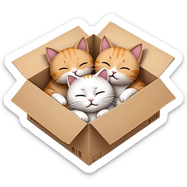 cute, cartoon emoji style for me with a transparent background of a cardboard box with two cats in it: one alive, and one asleep to symbolise schrodinger's cat sticker