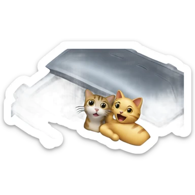 A cartoon emoji-style car with a curious cat peeking out from the open hood of the engine compartment. sticker