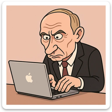 Vladimir Putin typing on a MacBook with exaggerated features sticker