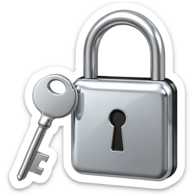A chrome silver lock and key emoji, smooth metallic surfaces, glossy reflections, luxury swag vibe, minimal iOS emoji style, centered on clean white background sticker