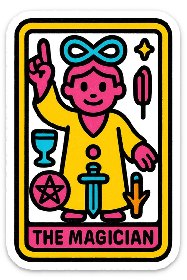 The Magician tarot card emoji, figure with one hand pointing up and one down, surrounded by symbols of the four suits, vibrant detailed style sticker