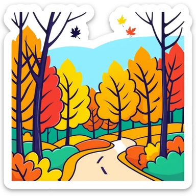 autumn forest with vibrant, multicolored leaves, trees, and a path sticker