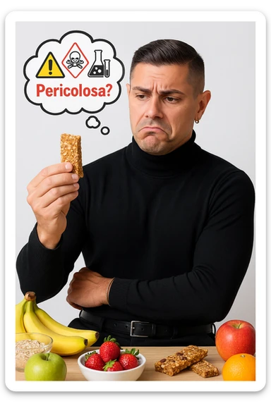un uomo in abbigliamento sportivo tiene in mano una barretta proteica, osservandola con un’espressione scettica e preoccupata. Sopra la barretta, una nuvoletta di pensiero mostra simboli di allarme, ingredienti chimici e la scritta “Pericolosa?” in rosso. Sullo sfondo, frutta fresca e altri snack naturali sono visibili sul tavolo, sottolineando la sua preferenza per alternative più sane. sticker