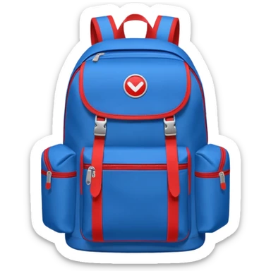 blue backpack with two diveded logo (leftside white, right side red) at the bottom pocket

 sticker