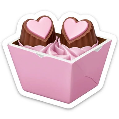 Two sharp-edged square milk chocolate pralines placed diagonally, each in a white fluted paper candy cup, with smooth glossy coating.
Flat thin pastel pink heart icing centered on top with subtle sugar crystal sparkle, clean studio lighting, pure white background, realistic minimal emoji-styleใ sticker