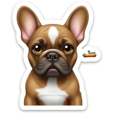 brown french bulldog with a water pistol sticker