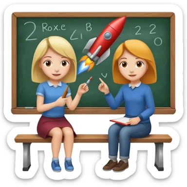 Girl is teaching a guy how to make rocket emojis. Girl at blackboard, guy on bench learning. sticker