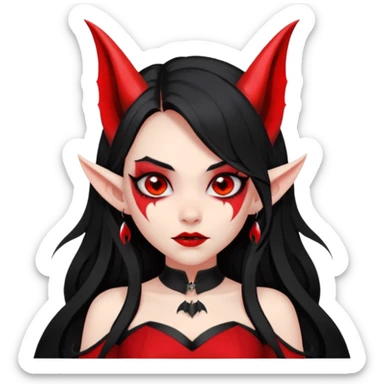 demon girl, skin red , black long hair, small horns, pointed ears, bat wing, black open-back dress, bold black outlines, red+black palette sticker