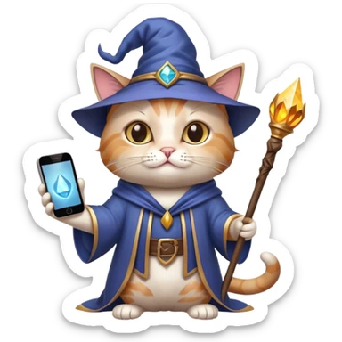 cat wizard holding an iphone and a staff. he is wise looking  sticker