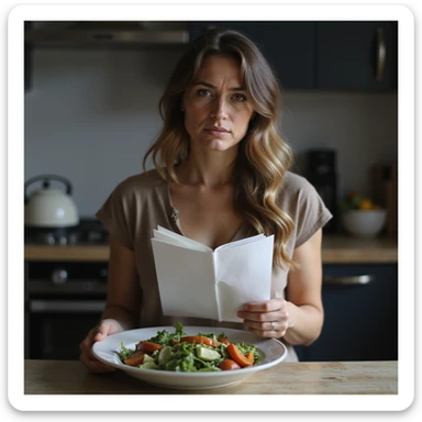 adult woman, photorealistic, diet not giving results, disappointed face, holding food diary, plate of salad in front, melancholic atmosphere, natural light, kitchen background sticker