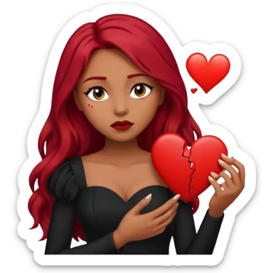  woman with long red hair and dark make up and olive skin holding a broken heart in black dress sticker