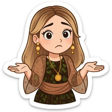 Kurdish cartoon sticker of the same woman in the new dress, shrugging shoulders with palms up, confused or 'I don't know' expression, no text, transparent background, chibi stickers style. sticker