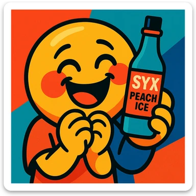 smiling emoji with blushing cheeks, cute begging face, holding a bottle labeled 'Syx Peach Ice', laughing, vibrant toon style sticker