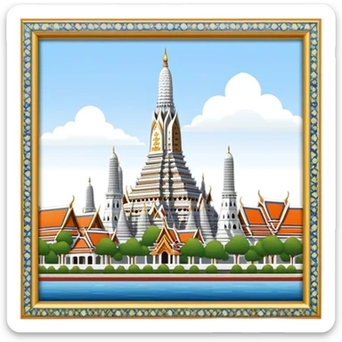 Cinematic Realistic Wat Arun Landmark Emoji, depicting the towering temple spires adorned with intricate porcelain mosaics sticker