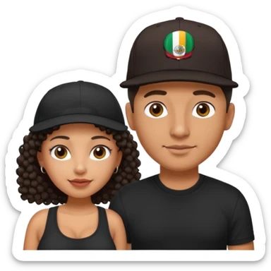 A picture of a cute tanned couple. the man is Mexican, with a bald hair cut wearing a SnapBack hat and a black shirt. the woman is mixed, she has curly longer dark brown hair,  no hat, and with big boobs  sticker