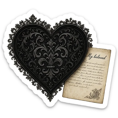 romantic goth heart with lace and a love letter, gothic style, black and silver, elegant sticker