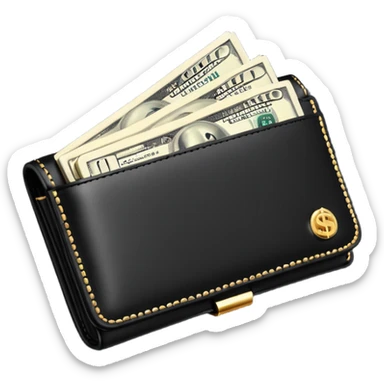 Rich emoji style black leather wallet with dollar bills, luxury money vibe, premium 3D emoji, ultra clean, high detail, no background sticker