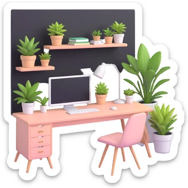 beautiful minimalist girl aesthetic bedroom with soft colors, organized desk, plants, and clean lines sticker