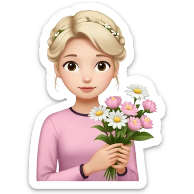 emojis.com a-girl--sitting--near-various-bouquets-of-flowers-,-white-and-pink-flowers-.-she-is-holding-a-single-white-flower-up-to-her-face,-her-hairstyle-is-slightly-messy-updo,-with-a-few-soft-strands-f (1) sticker