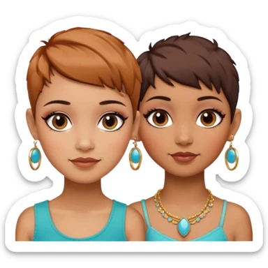 Puerto Rican fair skin straight brown pixie cut hair with hoop earrings make up and my best friend caramel colored pixie cut with jewelry and makeup on her face besties side-by-side sticker