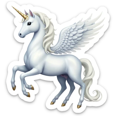 All white Cinematic Noble Unicorn with wings, slender with a flowing mane and tail and spiraled horn sticker