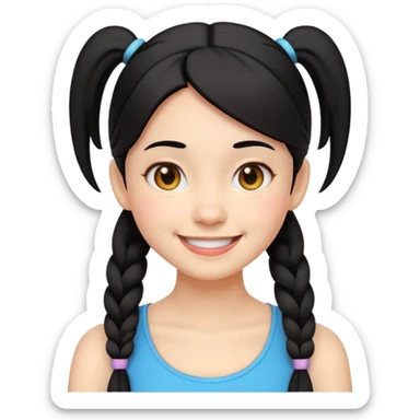cheerful emoji-style girl with black hair in two low pigtails near the neck, round eyes, big smile, head and upper shoulders, clean lines, minimal white background, vibrant and simple sticker