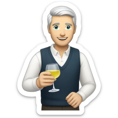 a caucasian man with blue eyes and short grey hair, toasting with a glass of white wine sticker