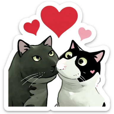 Big black cat is kissing a small white cat with hearts above sticker