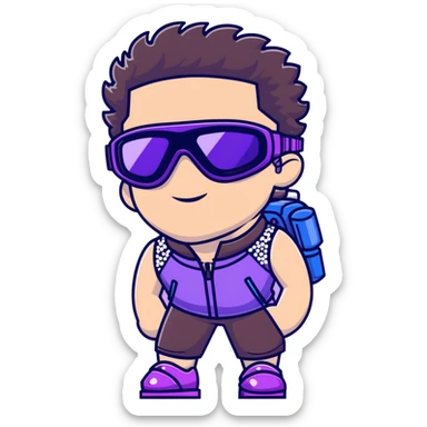 close-up of male athlete with white skin and moderately curly dark brown hair on top with shaved sides, wearing ski goggles with purple frames and very dark black lenses, a simple plain black chain necklace, and a completely unzipped sleeveless vest with purple and black sequin fire pattern design with no logo, with an arrogant smug smirk on his face, looking confident and cocky sticker