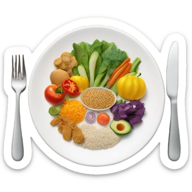 A large white round plate of healthy food sticker