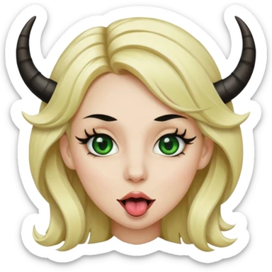Emoji femme blonde habillée en noir cheveux blond, yeux vert avec de long cils noir qui tire la langue et à des cornes  sticker