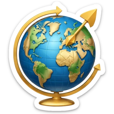 “Icon: Earth globe, circular arrows around it, a dollar coin at the top right, simple composition, single object, transparent background sticker
