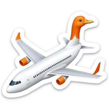 A commercial passenger airplane with a white goose head and orange beak replacing the cockpit sticker