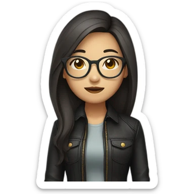 asian girl with glasses and a leather jacket with a shirt and long dark hair sticker
