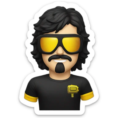 Dr. Disrespect with a black t-shirt with the shrapnel video game logo on it in yellow sticker